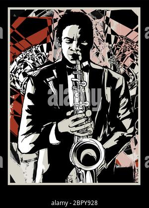Afro american jazz musician playing saxophone - vector illustration (Ideal for printing on fabric or paper, poster or wallpaper, house decoration) Stock Vector