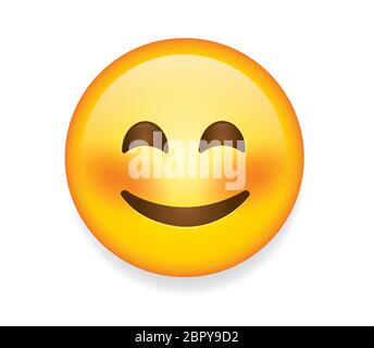 High quality emoticon vector on white background. Emoji blushing with closed eyes. Yellow face blushing and smiling emoji.Popular chat elements. Stock Vector