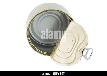 opened clean tin can with pull tab ring, bended lid and empty - isolated on white, top-down view Stock Photo