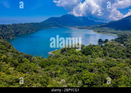 Aerial view of a beautiful lake inside an old volcanic caldera (Lake Buyan, Twin Lakes, Bali, Indonesia) Stock Photo
