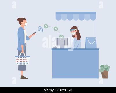 Women holding Shopping basket using Mobile Payment to pay Money online to sending money into drawer of Cash register at the cashier of a shopping mall. Stock Vector