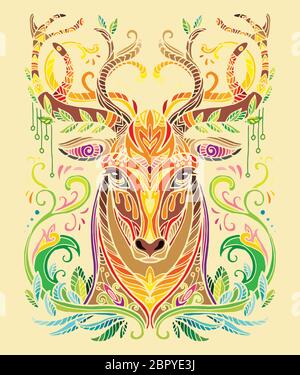 Vector decorative doodle ornamental head of deer. Abstract vector colorful illustration of lion head isolated on yellow background. Stock illustration Stock Vector