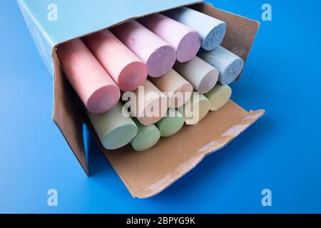 Childrens colored crayons for drawing in the box Stock Photo