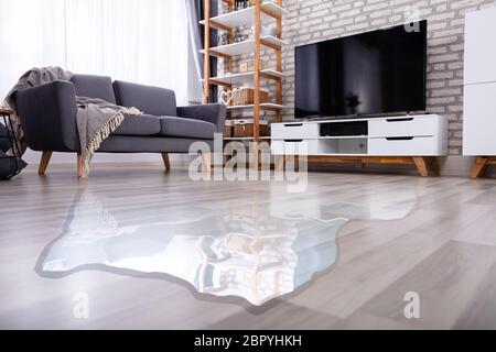 Close-up Of Flooded Floor In The Living Room From Water Leak Stock Photo