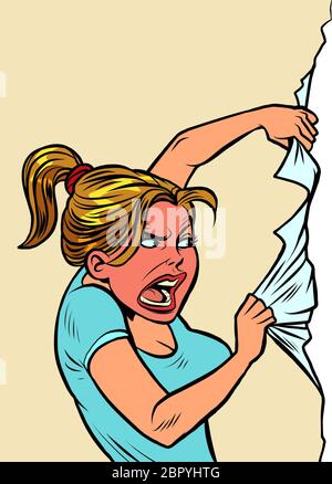 Angry woman rips paper wall Stock Vector