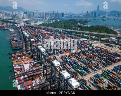 Aerial view of Kwai Tsing Container Terminals in Hong Kong Stock Photo