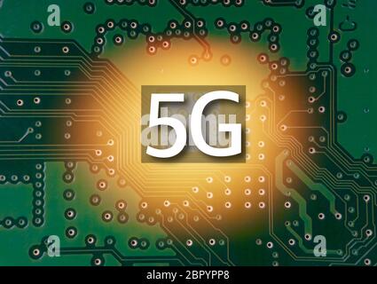 5G Mobile chip on computer board background. Copy space and Technology concept Stock Photo