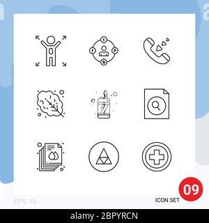 9 Thematic Vector Outlines and Editable Symbols of lighter, fire, call, food, leaves Editable Vector Design Elements Stock Vector