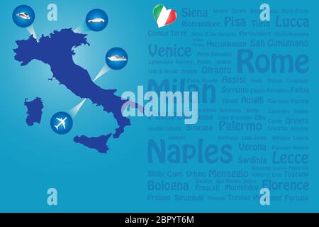 Travel Italy template vector showing the plane, car, train and ship approaching the blind Italian map. Transparent names of Italian landmarks are on t Stock Photo