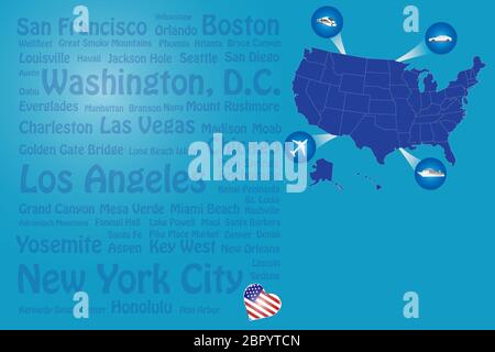 Travel USA template vector showing the plane, car, train and ship approaching the blind US map. Transparent names of US landmarks are on the left of t Stock Photo