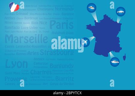 Travel France template vector showing the plane, car, train and ship approaching the blind French map. Transparent names of French landmarks are on th Stock Photo