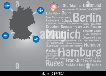 Travel Germany template vector showing the plane, car, train and ship approaching the blind German map. Transparent names of German landmarks are on t Stock Photo