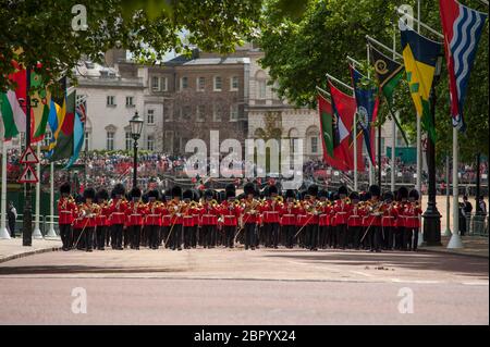 30 May 2015. Massed Guards Bands march off from Horse Guards Parade after the Major Generals Review rehearsal for Trooping the Colour 2015, London UK Stock Photo