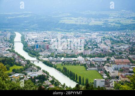 Innsbruck aerial view from Hafelekarspitze mountain. Innsbruck from the top. Austria landmark Stock Photo