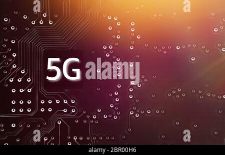 5G Mobile chip on computer board background. Copy space and Technology concept Stock Photo