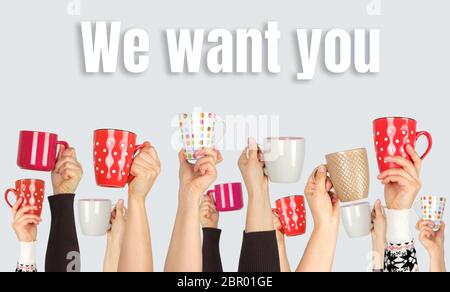 many hands raised up and holding ceramic cups on a gray background,  inscription we want you, the concept of recruitment in the company Stock Photo