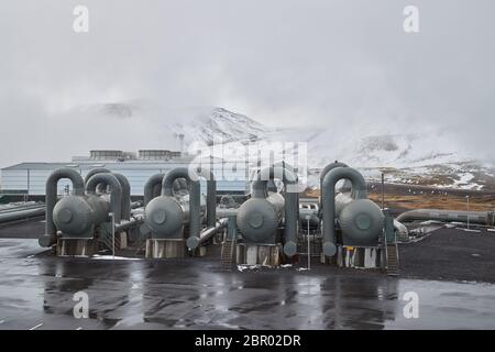 Geothermal power plant in Iceland, pipe stuctures and pressure tanks Stock Photo