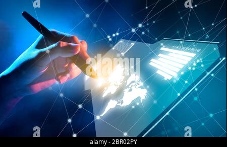 Business hand with markers touching a virtual screen which display the interface of server data, world maps, graph and binary code with internet netwo Stock Photo