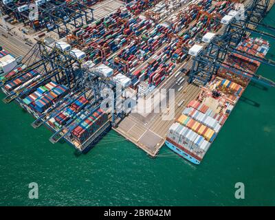 Aerial view of Kwai Tsing Container Terminals in Hong Kong Stock Photo