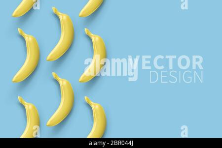Vector realistic bananas isolated on blue background, top view. 3D illustration template for products, advertizing, banners, leaflets Stock Vector