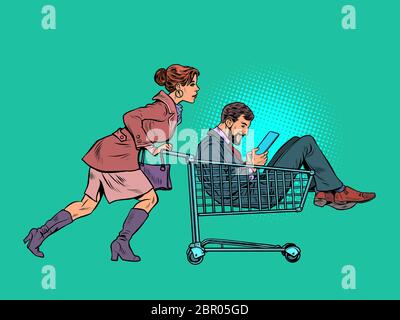 Woman with a man in a shopping cart in a supermarket Stock Vector
