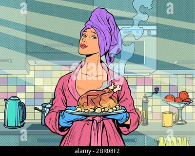 Woman with ready fried poultry chicken duck Stock Vector