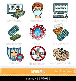 Coronavirus, set of Color Outline Icons. Wash your hands, use delivery, stay home, do not touch, work home, use mask Stock Vector