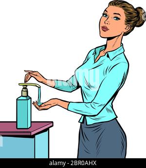 a woman uses a hand sanitizer Stock Vector