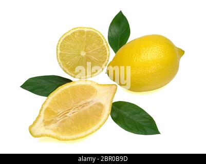 One whole yellow lemon and two halves of lemon with green leaves isolated on white background Stock Photo