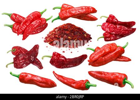 Aleppo peppers (Capsicum annuum), fresh overripe whole pods, dried, crushed Stock Photo