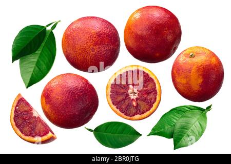 Blood oranges (Citrus x sinensis fruits), whole, halved and slices Stock Photo