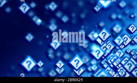 Group of signs with question marks on a blue backdrop, as a concept of questions of the choice from the web community in cyberspace. Abstract futurist Stock Photo