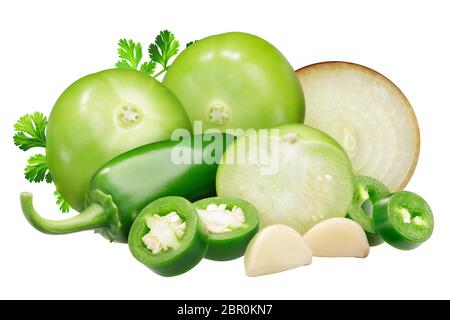 Ingredients for Salsa Verde sauce: tomatillos, onion, Jalapeno peppers and garlic, cilantro Stock Photo