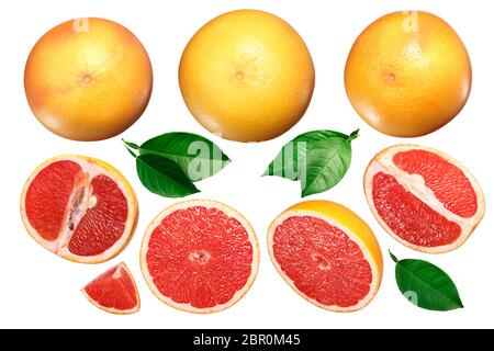 Grapefruit (Citrus x paradisi), whole and sliced, leaves, top view Stock Photo