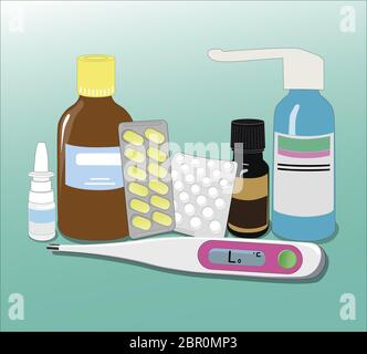 Flat structure of drugs. Medical pills and bottles .Thermometer for measuring body temperature. Pharmacy. The concept of medical care. Vector Stock Vector