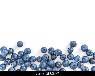 Creative layout with fresh ripe berries. Blueberry isolated on white background with copy space. Can use for your design, promo, social media. Top vie Stock Photo