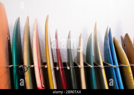 View of a set of colorful surfboards put in a rack by the wall in a surfboard makers studio