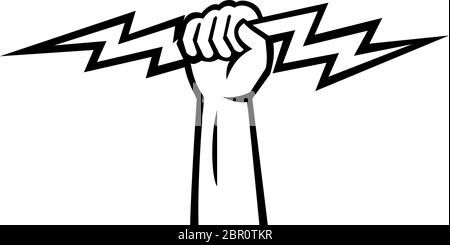Illustration of an electrician power lineman or construction worker hand holding a lightning bolt viewed from side done in retro style in isolated whi Stock Vector