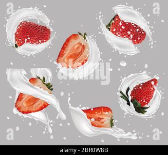 3d realistic milk splash with strawberry. Collection strawberries covered in milk. Sweet milk dessert . Milk cocktail. Organic vegan. Illustration Stock Photo