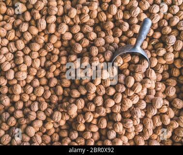 Pile of walnuts.in farmer shop,Agriculture background. Stock Photo