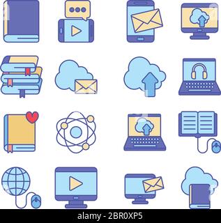 line and fill style icon set design, Education online and elearning theme Vector illustration Stock Vector