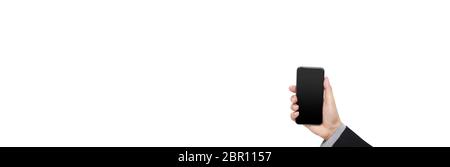 Woman hand holding and showing blank smartphone screen on isolated white background with clipping path display concept. Hand of businessman hold phone Stock Photo