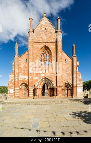 front view of St Magnus Cathedral on a sunny day in Kirkwall, Orkney Islands, Scotland. The holy red sandstone architecture is part of the church of S Stock Photo