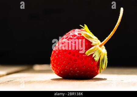 Close up of one strawberry on wooden board isolated on black background Stock Photo