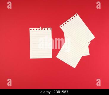 empty white sheets in a line torn out of notepad on a red background Stock Photo
