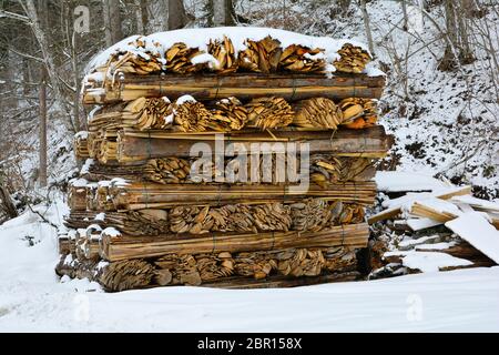 Austria, stack of cut wooden slats covered with snow Stock Photo