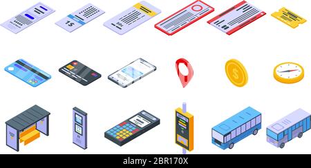 Bus ticketing icons set, isometric style Stock Vector