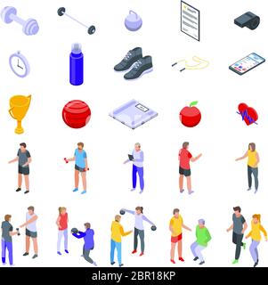 Personal trainer icons set, isometric style Stock Vector