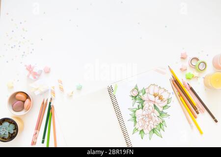 sketch drawing with colored pencils. flowers peonies. Candles, gifts, tea and white background Stock Photo