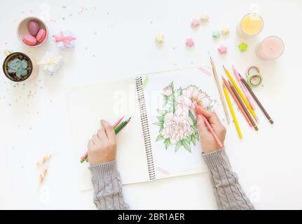sketch drawing with colored pencils. flowers peonies. Candles, gifts, tea and white background Stock Photo